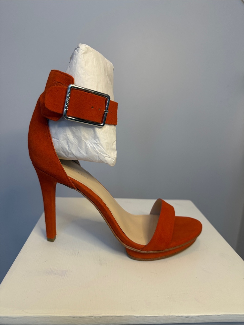 *New Calvin Klein Women's Orange Suede High Heel Sandals with Ankle Buckle